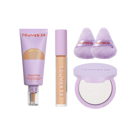 [Shared: The Complexion Trio features SunnyDays Tinted SPF 30, Swipe Serum Concealer, and GetSet Pressed Powder.]